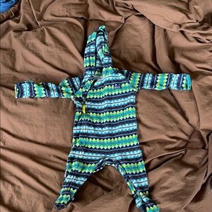 Patagonia Kids Hooded Footie in Blue, Green & Navy Geometric Print
